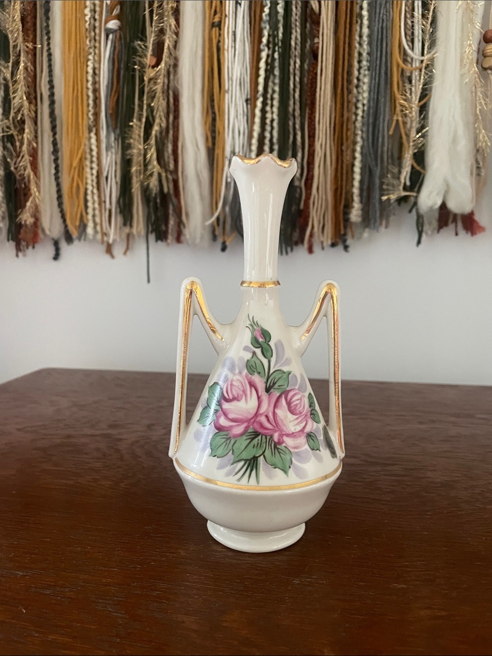 Lefton White Porcelain Bud Vase with Pink Rose Floral and Gold Accents